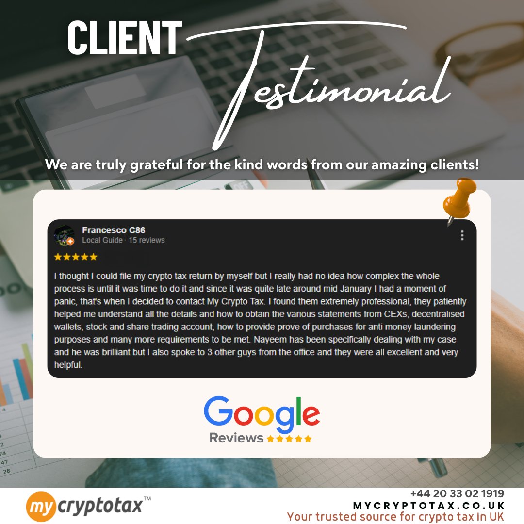 mycryptotaxuk's tweet image. 💬 “No idea how hard crypto tax was — until I tried it alone!”

Francesco found help with MyCryptoTax 💼
Book your FREE consultation now!

🔗 mycryptotax.co.uk/crypto-tax-rev…

#CryptoTaxHelp #CryptoTaxAccountantsUK #TikTokFinance #CryptoTips #TaxSeasonUK