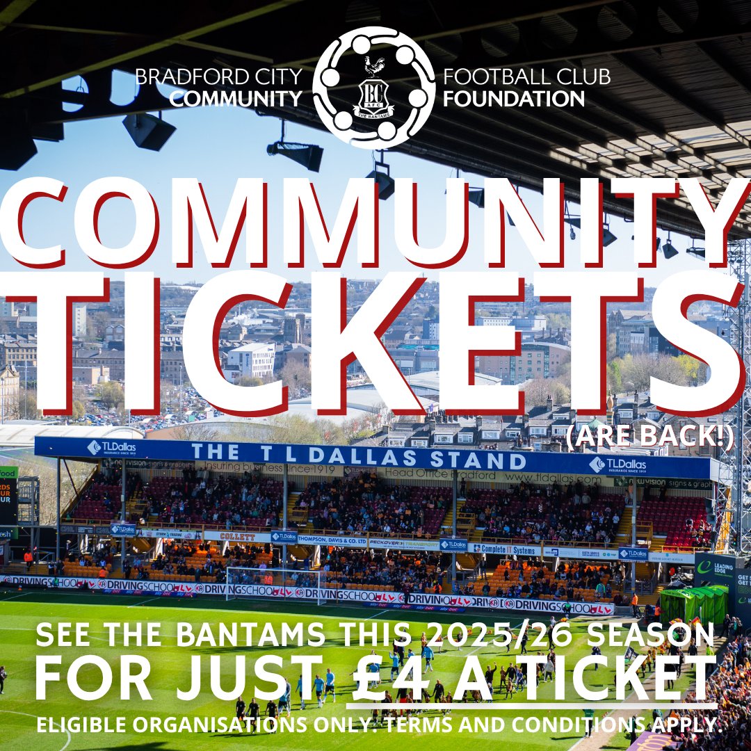bcafc_cf's tweet image. Well hello there 👋
Our #CommunityTickets scheme is back for the 2025/26 @SkyBetLeagueOne (!!) season 👊
Join us and cheer on @officialbantams this coming year - kicking off with Wycombe on 2nd August 🗓️
Book now, right here: bit.ly/3IzPz5e
#BCAFC