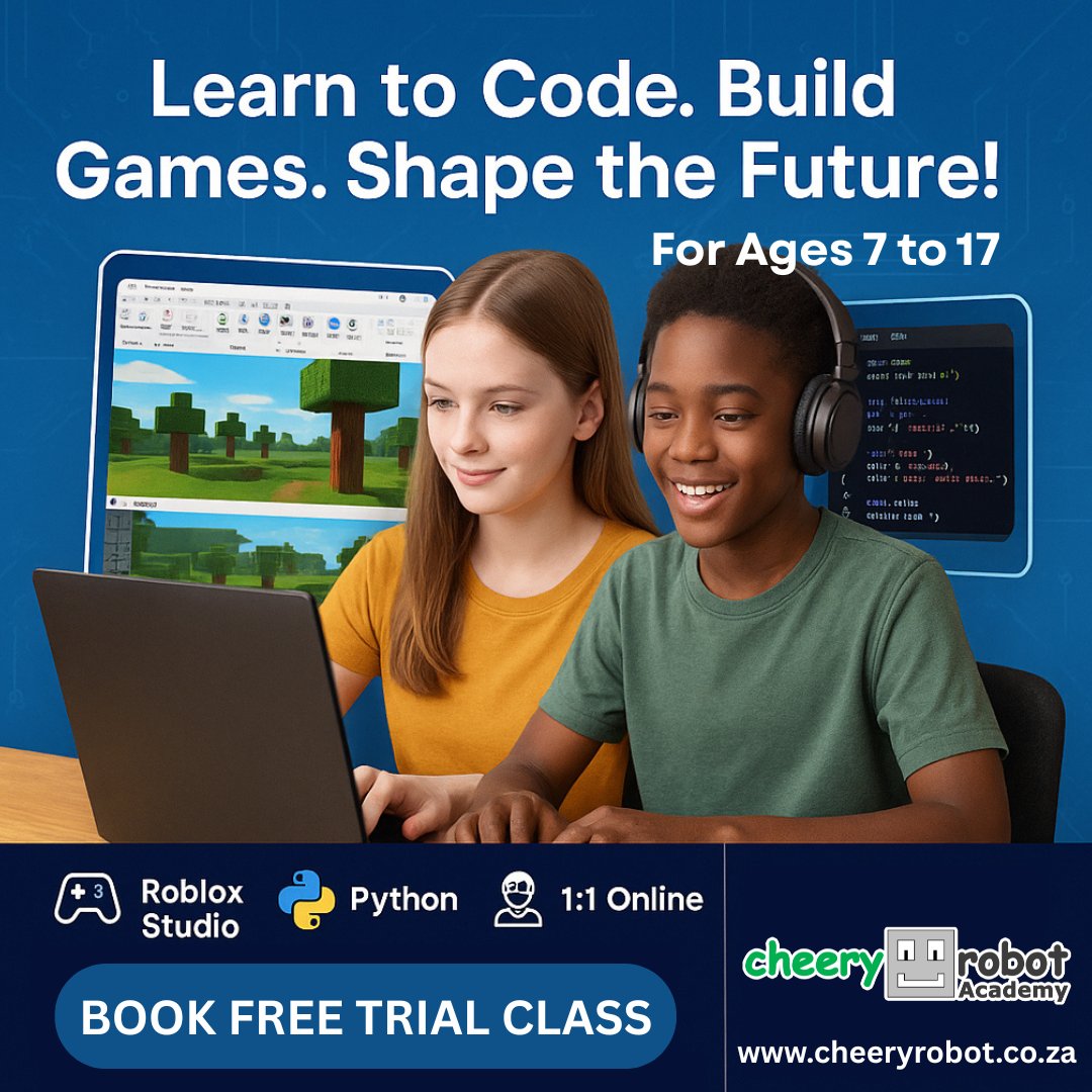 cheery_robot's tweet image. 🚀 Kids aged 7-17 can learn to code with 1:1 online classes in Roblox Studio & Python at Cheery Robot Academy!
⭐ Expert mentors
🎉 FREE trial class
Book now 👉 cheeryrobot.co.za/contact-us/boo…
#KidsWhoCode #RobloxCoding #PythonForKids #STEM #OnlineLearning