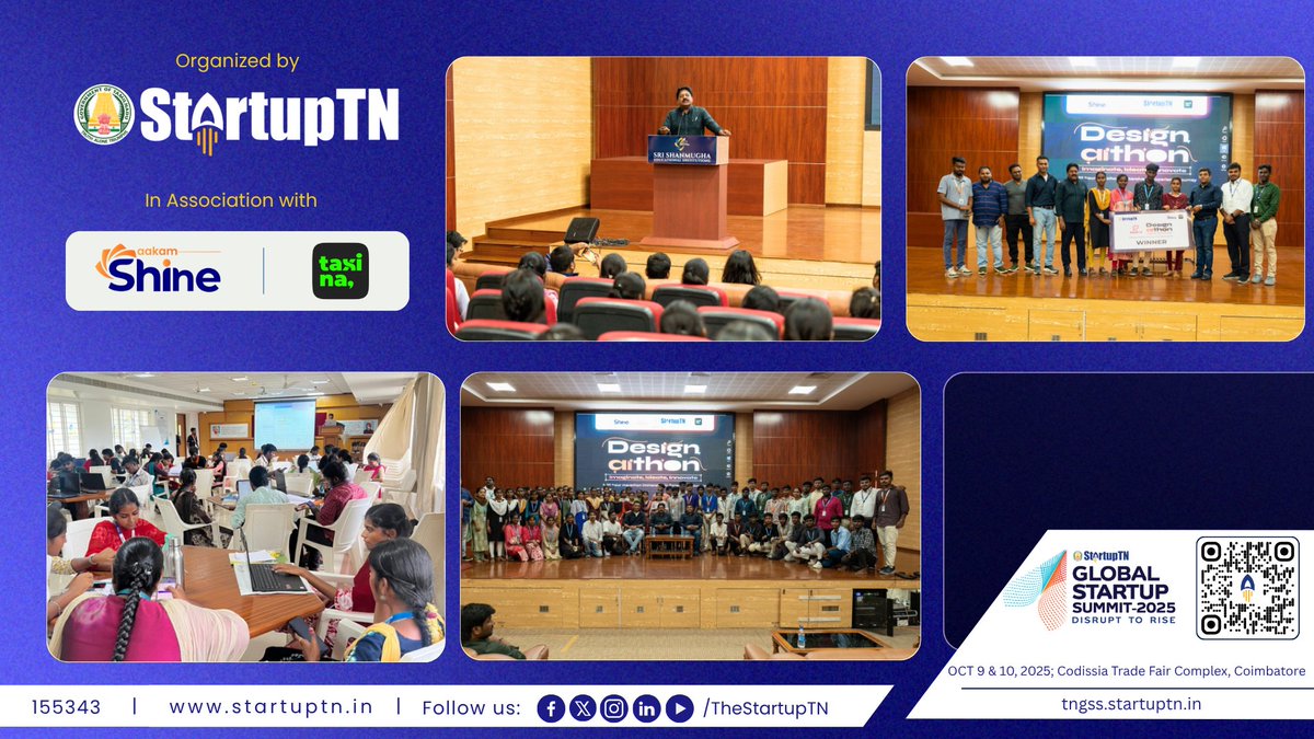TheStartupTN's tweet image. StartupTN Salem Regional Hub, in collaboration with Aakam Shine and Esperia (a USA-based design studio), successfully organized DesignAIthon 2025 — a high-energy, 36-hour design hackathon held recently at Sri Shanmugha Educational Institutions, Salem.
The event brought together…