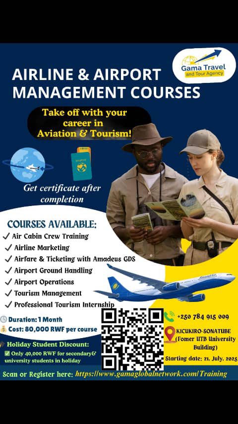✈️ Boost Your Career in Aviation &amp; Tourism – The Time is Now!🌍

As Rwanda positions itself as a regional aviation and logistics hub, the demand for skilled professionals in airline, airport management, and tourism is rising fast!

🚧 With the construction of the $2.2 billion