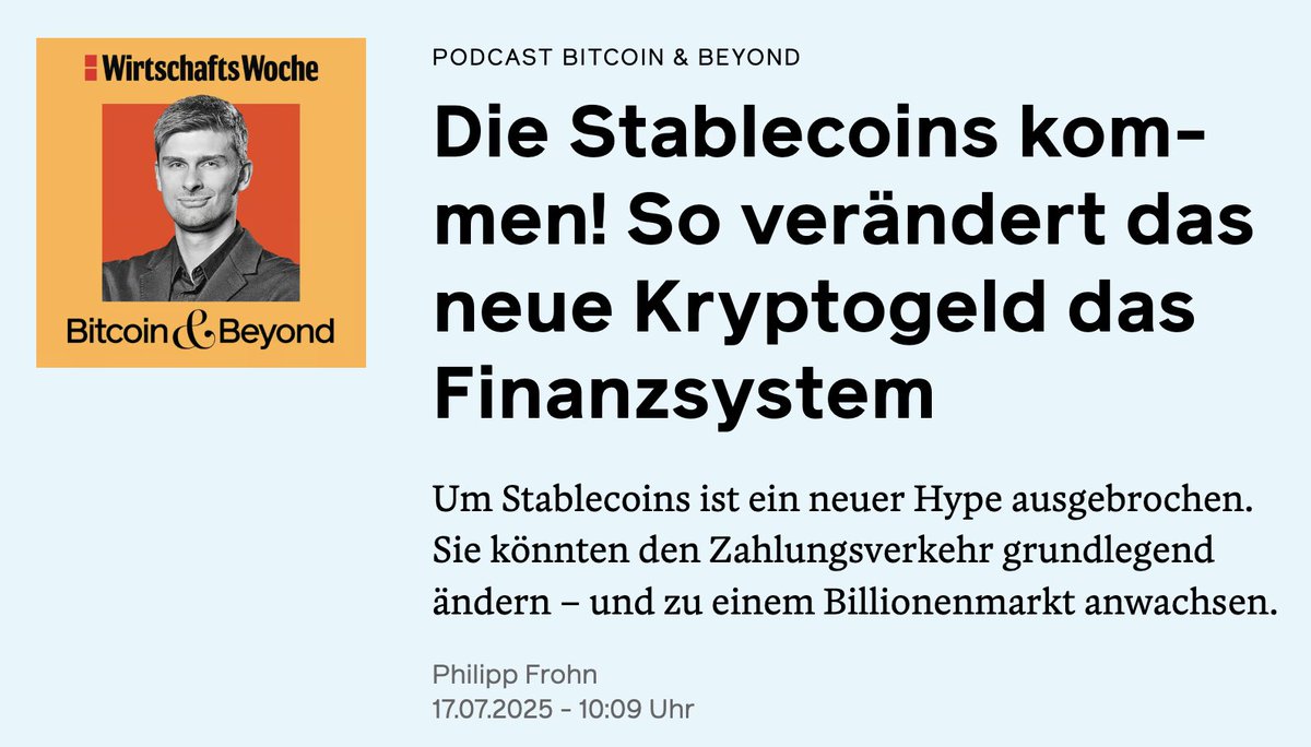 🧵 Today I joined the WirtschaftsWoche podcast with Philipp Frohn to talk about #Stablecoins – what they are, why they’re booming, and what risks and opportunities they bring.

A quick summary of the key points 👇