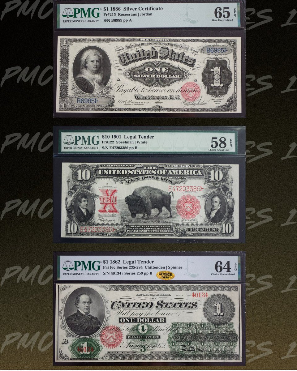 PaperMoneyChest's tweet image. Series 1 is LIVE NOW at papermoneychest.com. 
🦬 1901 $10 Bison
💵 1886 $1 Silver Cert
🇺🇸 1862 $1 Legal Tender—the first U.S. dollar note

Professionally graded. Sealed in a chest. Yours June 26th.
#CurrencyCollector #RareNotes #Series1 #PaperMoneyChest #June26Drop