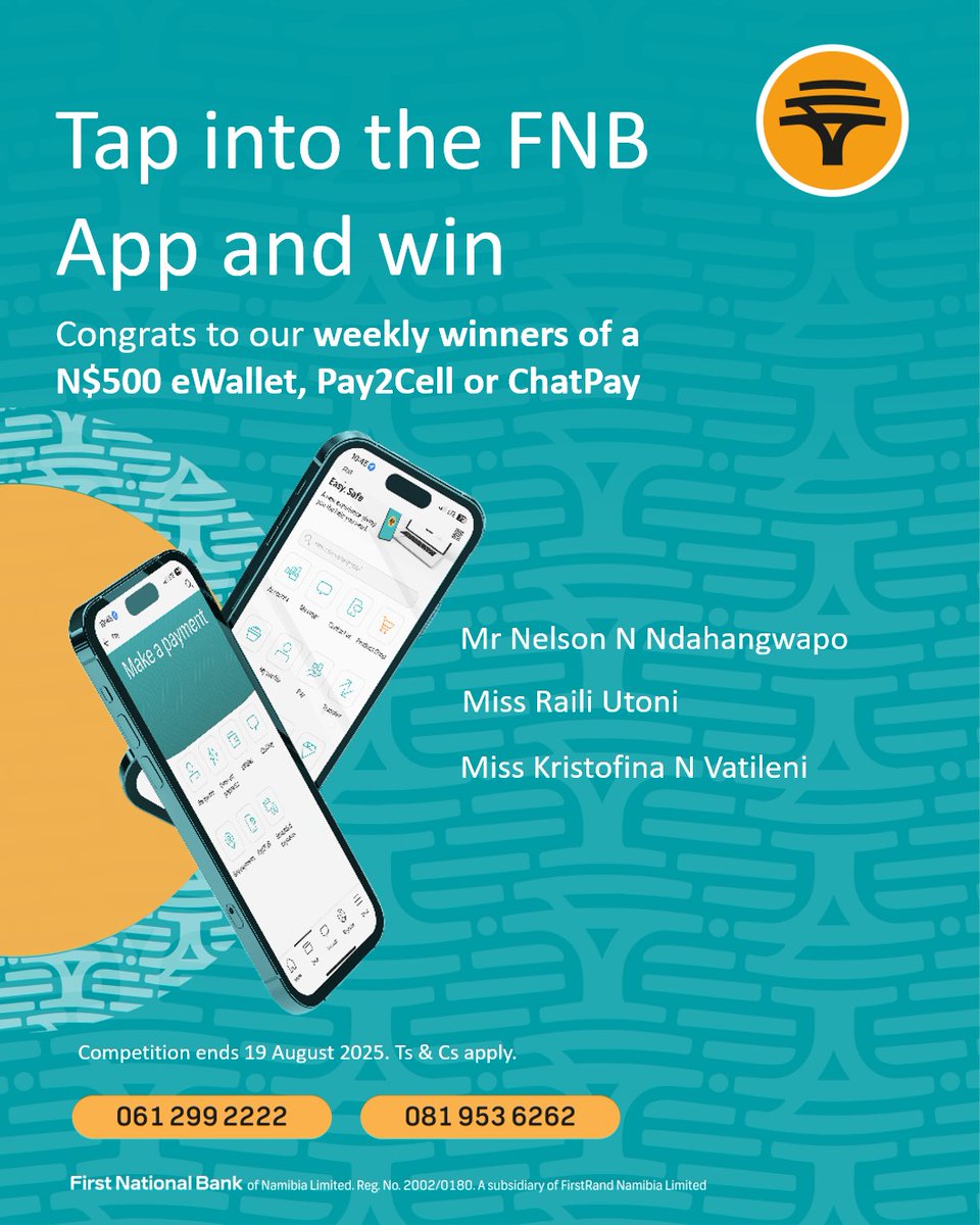 FNBNamibia's tweet image. It’s seriously easy to stand a chance of winning our weekly or monthly prizes, or the grand prize of an iPhone 16 Pro.

Simply purchase prepaid airtime or electricity on the FNB App, and you’re in the competition.

#FNBNamibia #FNBApp