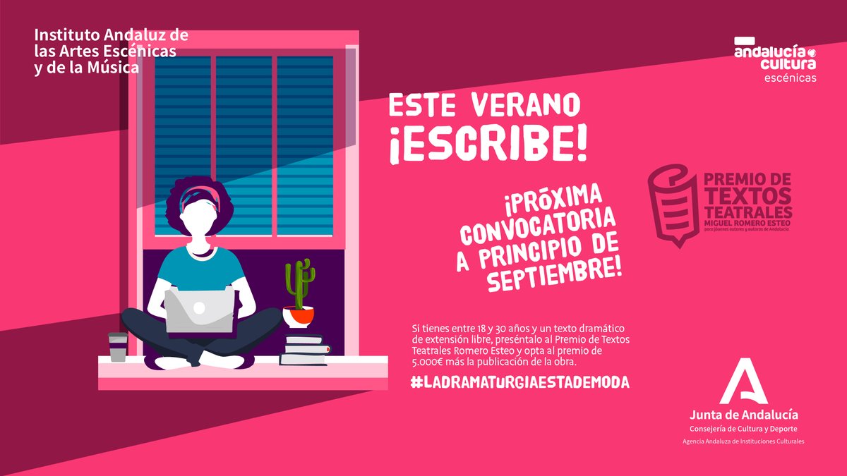 ➧ Agencia Andaluza de Instituciones Culturales (@culturacuenta) on Twitter photo ✍️ Este verano, ¡escribe!
Si tienes entre 18 y 30 años puedes presentarte a la edición 2025 del Premio de Textos Teatrales Miguel Romero Esteo para jóvenes autores y autoras de Andalucía
👇Más info
lajunta.es/5r20r
<a href="/CulturaAND/">Cultura Junta de Andalucía</a> <a href="/TeatroAndaluz/">ACADEMIA DE LAS ARTES ESCÉNICAS DE ANDALUCÍA</a> <a href="/letrasandalucia/">Centro Andaluz de las Letras</a> ✍️ Este verano, ¡escribe!
Si tienes entre 18 y 30 años puedes presentarte a la edición 2025 del Premio de Textos Teatrales Miguel Romero Esteo para jóvenes autores y autoras de Andalucía
👇Más info
lajunta.es/5r20r
<a href="/CulturaAND/">Cultura Junta de Andalucía</a> <a href="/TeatroAndaluz/">ACADEMIA DE LAS ARTES ESCÉNICAS DE ANDALUCÍA</a> <a href="/letrasandalucia/">Centro Andaluz de las Letras</a>