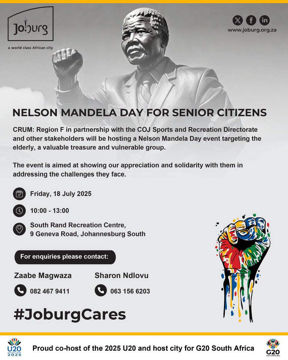 City of Joburg Region F (@regionf_joburg) on Twitter photo CRUM Region F in partnership with Sports & Recreation department and local stakeholders will be hosting a Mandela day event aimed at the elderly at South Rand Recreation Centre on Friday, 18 July. #JoburgCares <a href="/CityofJoburgZA/">City of Joburg</a> <a href="/CRUM_CoJ/">Citizen Relationship & Urban Management</a> <a href="/Irenemafune/">Irene A Mafune</a> CRUM Region F in partnership with Sports & Recreation department and local stakeholders will be hosting a Mandela day event aimed at the elderly at South Rand Recreation Centre on Friday, 18 July. #JoburgCares <a href="/CityofJoburgZA/">City of Joburg</a> <a href="/CRUM_CoJ/">Citizen Relationship & Urban Management</a> <a href="/Irenemafune/">Irene A Mafune</a>