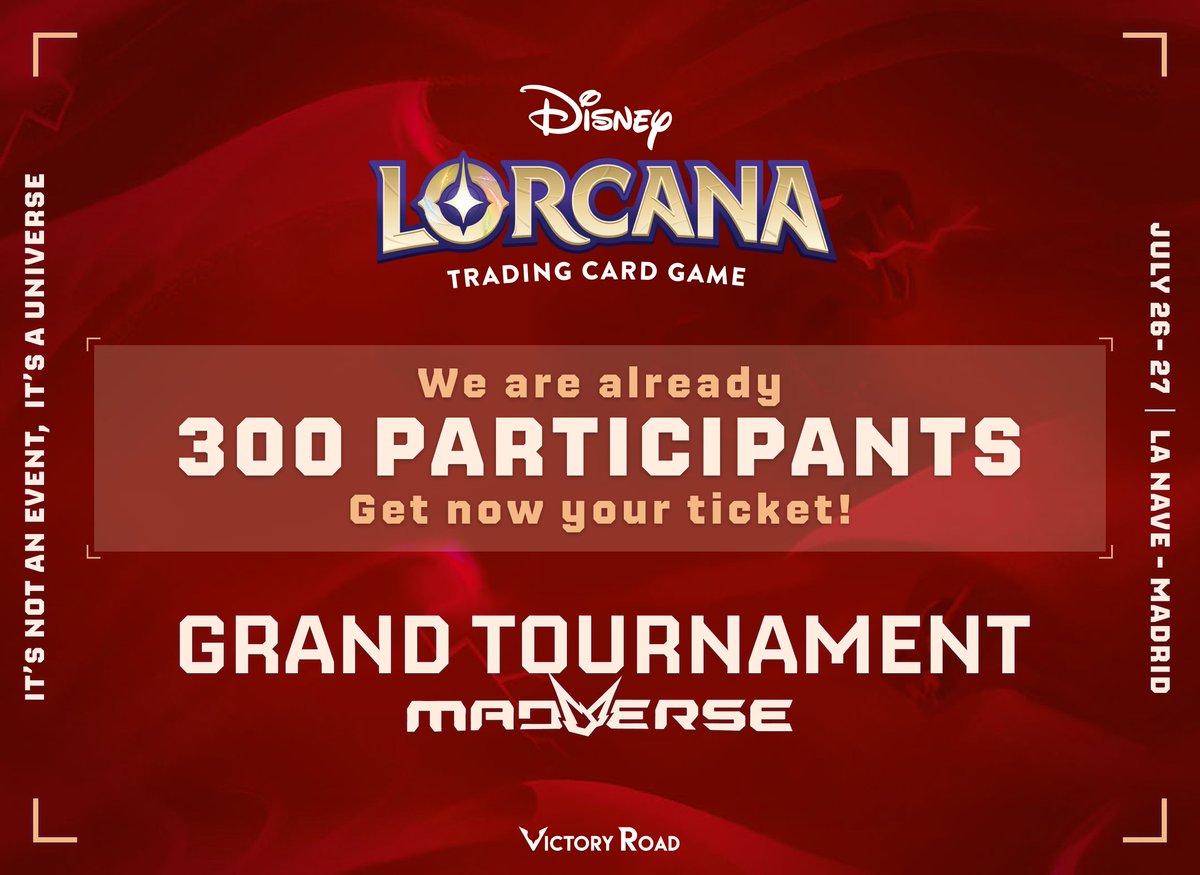 🚨 ¡Iluminadores de Disney Lorcana!

‼️Ya hemos alcanzado los 3⃣0⃣0⃣ participantes 🌟

El torneo más grande de Lorcana de España llega la semana que viene a Madverse: ¡No faltes! 🔥

🎫Entradas: my.weezevent.com/lorcana-madver…