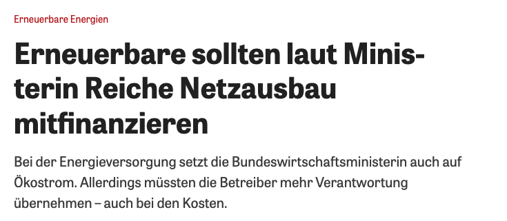 Ausbaustopp durch die Hintertür. 

Mit einem Trick will Energieministerin Reiche den Boom von PV &amp; Wind in Bürgerhand ausbremsen: Die Erneuerbaren sollen fürs Netz zahlen – Kohle &amp; Gas bekommen es weiter gratis. 

Das schafft Unsicherheit &amp; bremst Investitionen in #Bürgerenergie.