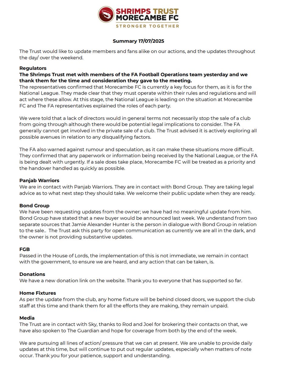 shrimpstrust's tweet image. Please see below the latest summary of the situation at the club, as the Trust understands it.