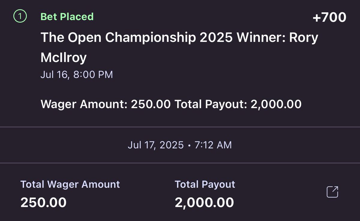 The Open 🏆

Rory Outright (+700) 

Cooked this with <a href="/jimmyygambles/">Jimmy Gambles</a> <a href="/FreezerTarps/">Freezer Tarps</a>