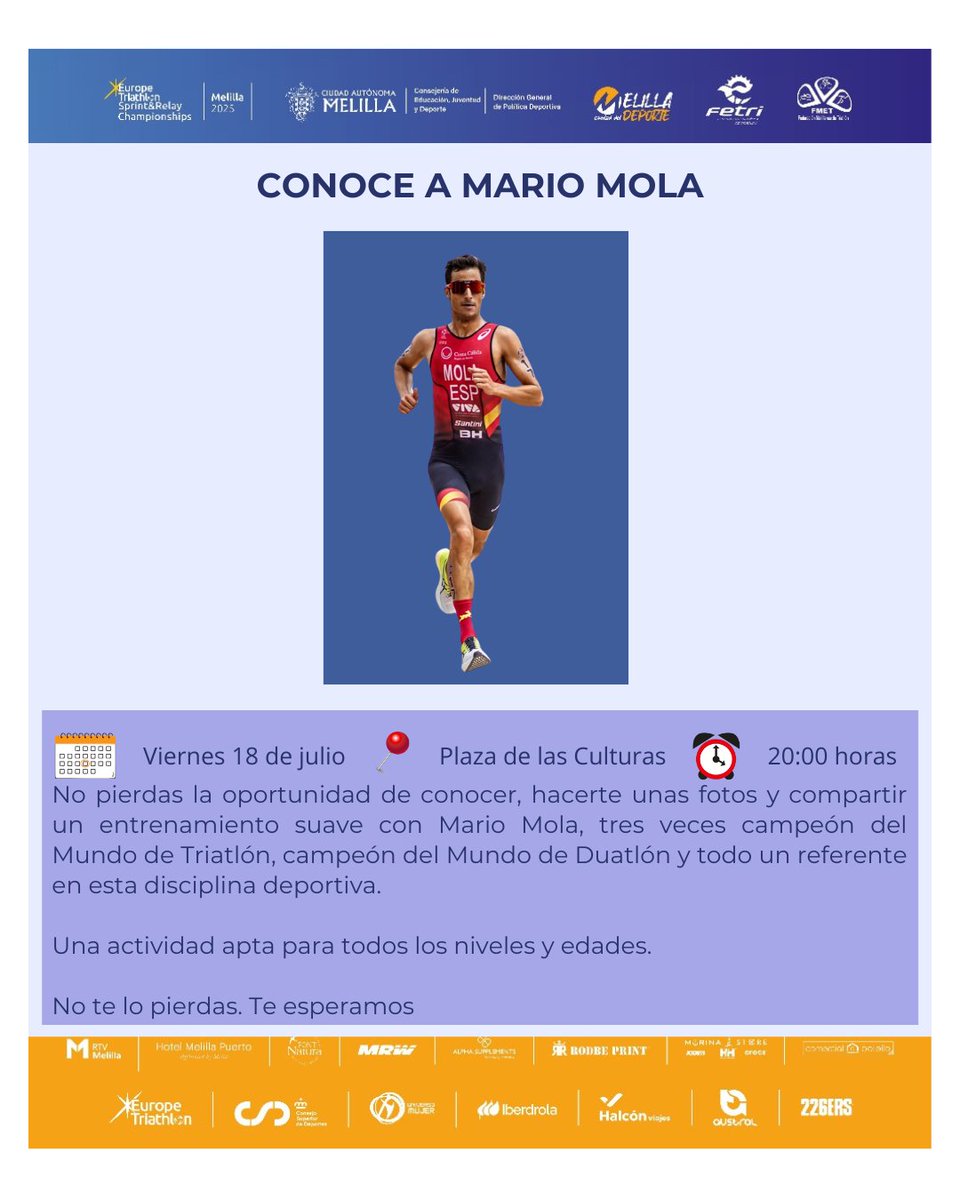 Melilla, Ciudad del Deporte (@melilla_deporte) on Twitter photo .<a href="/mariomola/">Mario Mola Díaz</a> vuelve a #Melilla para compartir un trote suave con los melillenses. Ven a la Plaza de las Culturas, conoce al tres veces campeón del Mundo de Triatlón y al campeón del Mundo de Duatlón, hazte unas fotos con él y participa en un entrenamiento suave. .<a href="/mariomola/">Mario Mola Díaz</a> vuelve a #Melilla para compartir un trote suave con los melillenses. Ven a la Plaza de las Culturas, conoce al tres veces campeón del Mundo de Triatlón y al campeón del Mundo de Duatlón, hazte unas fotos con él y participa en un entrenamiento suave.