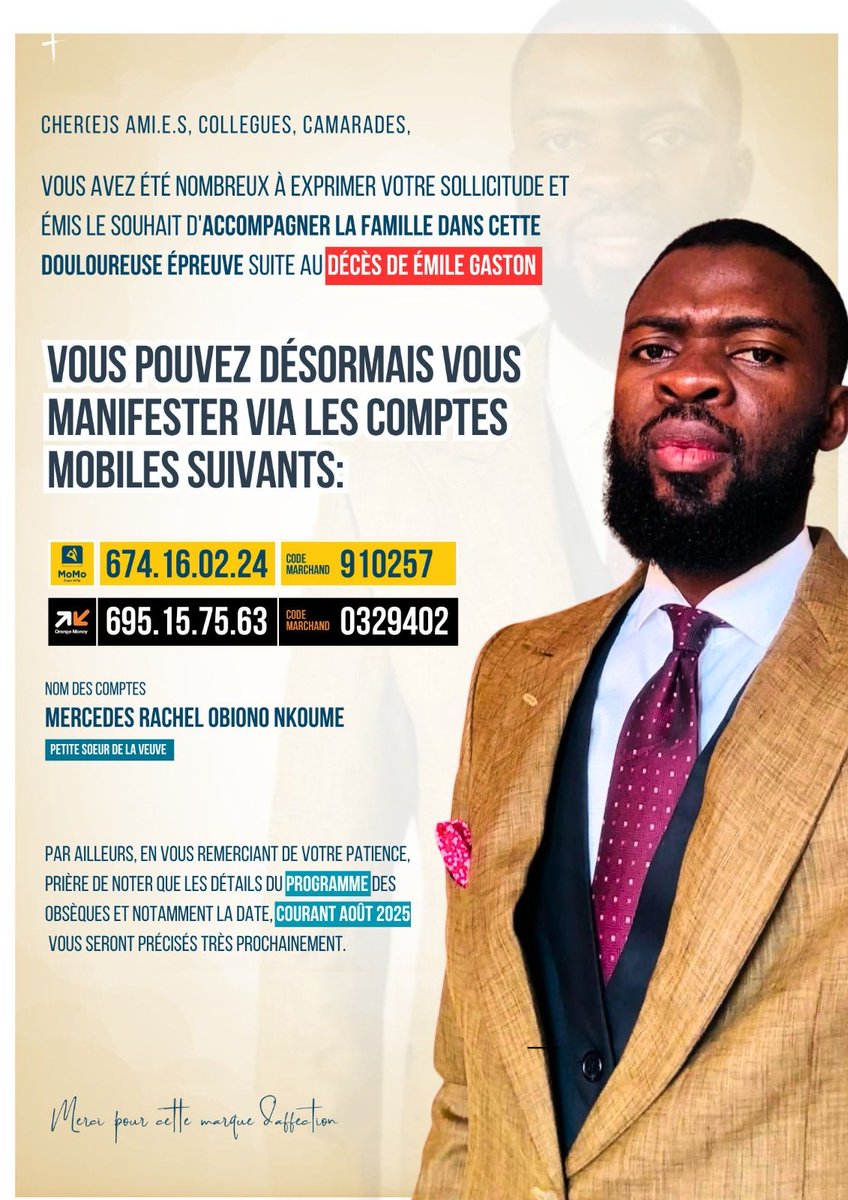 Bonjour à tous. Vous êtes nombreux à vouloir accompagner la famille d’Emile Gaston ⁦<a href="/emile_e1000/">Rien que le faux feeling 😌😎</a>⁩ dans cette douloureuse épreuve.
Vous pouvez désormais le faire via les contacts inscrits sur le visuel ci dessous 👇🏾.
Merci à tous 🙏🏾🙏🏾