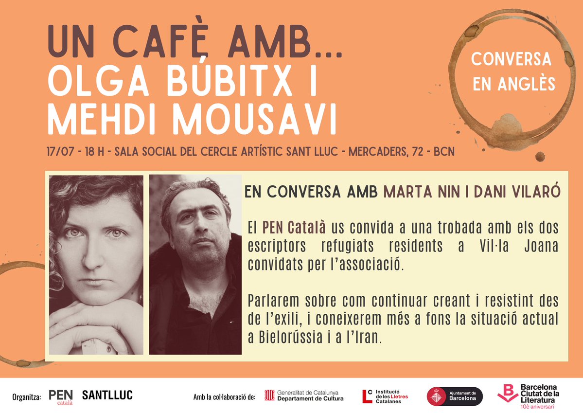 Avui a les 18 h farem un cafè amb dues veus que escriuen des de l’exili: Olga Búbitx i Mehdi Mousavi. Conversaran a <a href="/SantLluc/">Sant Lluc</a> amb Marta Nin i <a href="/DaniVilaro/">Dani Vilaró</a> sobre literatura, memòria, censura i dignitat.

💌 I iniciarem la campanya de postals de suport a Katsiarina Andréieva.