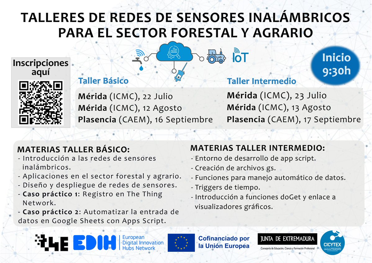 CICYTEX's tweet image. 🛜Taller básico de Redes de Sensores Inalámbricos para Sector Forestal y Agrario🛰️🚜
🗓️22 julio en nuestro ICMC (Mérida)
👩🏫Formando a estudiantes y profesionales en automatización y uso de sensores📳
👉Dentro del proyecto @DihExtremadura
cicytex.juntaex.es/-/taller-basic…
#TECH4Efficiency