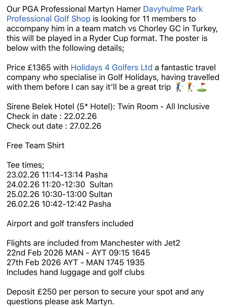 Davyhulme Park Golf Club (@davyhulmegolf) on Twitter photo Our PGA Professional Martyn Hamer <a href="/DavyhulmePro/">Davyhulme Park Pro Shop</a> is looking for 11 members to accompany him in a team match vs Chorley GC in Turkey, this will be played in a Ryder Cup format. The poster is below with the following details… Our PGA Professional Martyn Hamer <a href="/DavyhulmePro/">Davyhulme Park Pro Shop</a> is looking for 11 members to accompany him in a team match vs Chorley GC in Turkey, this will be played in a Ryder Cup format. The poster is below with the following details…