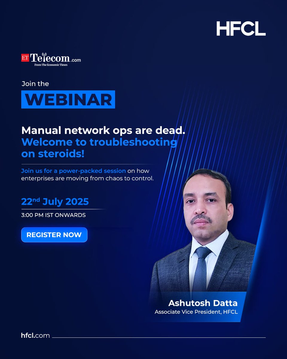 Manual network ops are dead.
Welcome to troubleshooting on steroids.

Fix in 6 seconds what used to take 6 hours—with AI-powered practical intelligence built for enterprise realities.

Join Ashutosh Datta, Associate Vice President at HFCL, for a power-packed webinar on how AI is