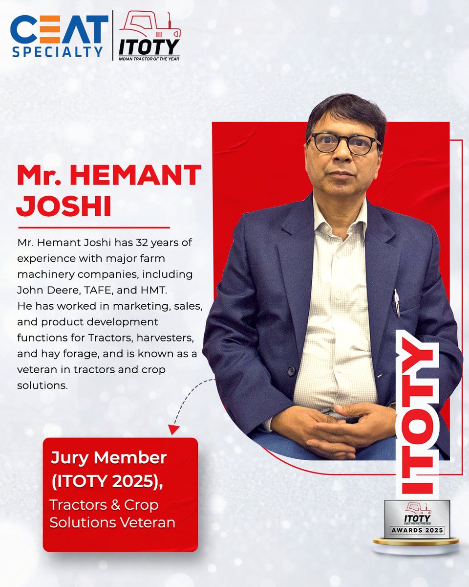 tractorjunction's tweet image. Introducing Mr. Hemant Joshi, our newest ITOTY 2025 jury member and crop solutions veteran

#ITOTY2025 #TractorJunction #FarmTech #AgriInnovation #FarmingExcellence #Ergonomics #Agriculture