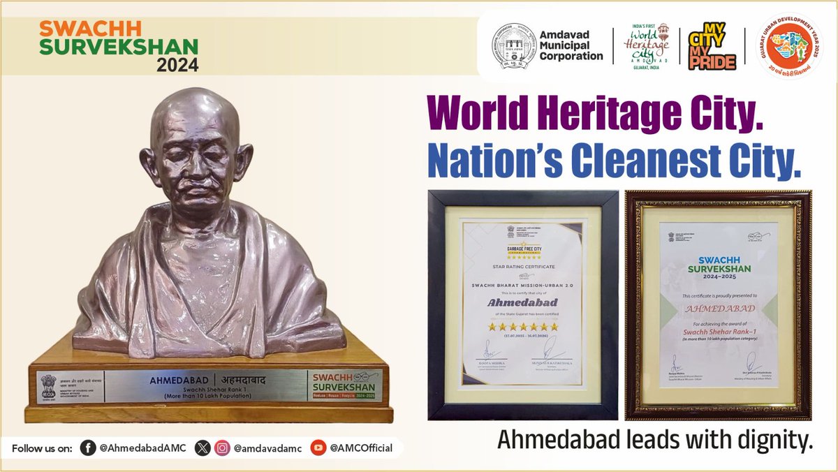 Ahmedabad shines as it wins India’s No. 1 Cleanest City under Swachh Survekshan 2024! A proud moment for every Amdavadi as the award in the category of cities with a population over 10 lakh was conferred by the Hon’ble President of India, Smt. Droupadi Murmu, and Union Minister