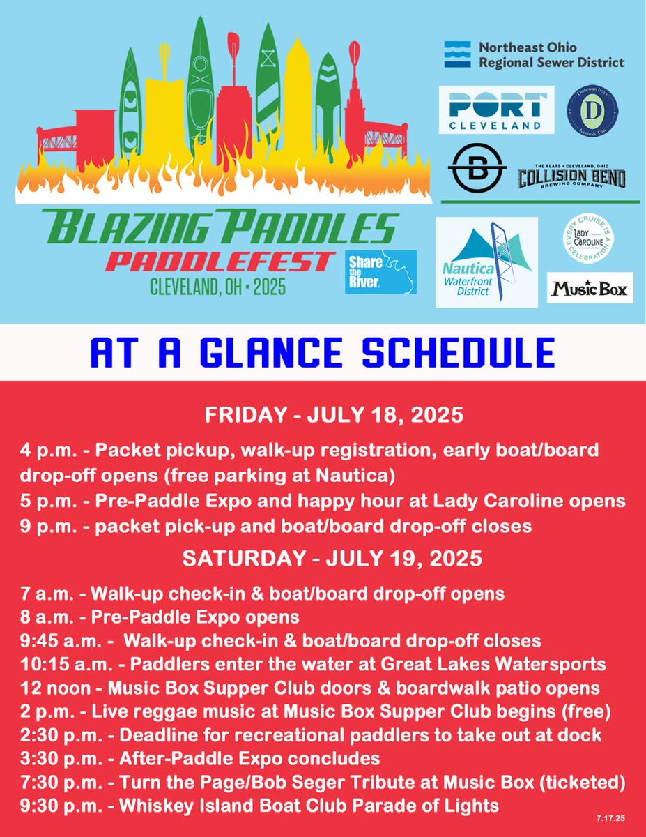 ShareTheRiver's tweet image. Updated 7th Annual Blazing Paddles Paddlefest at a glance schedule! We're a LOT more than a paddle this year! Friday happy hour @LadyCarolineCLE, Saturday free reggae music @musicboxcle
Hang-out at Nautica Waterfront District & Cleveland's #CuyahogaRiver this Friday & Saturday!