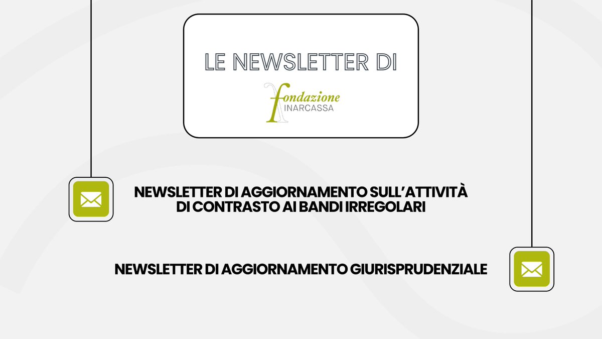 Sono online sul nostro sito le due newsletter mensili di #FondazioneInarcassa:

🔸 Newsletter di aggiornamento sull’attività di contrasto ai bandi irregolari di giugno
🔸 Newsletter di aggiornamento n.6/2025 sulla giurisprudenza

🔎 Consultale qui: fondazioneinarcassa.it/it/elenco-news…