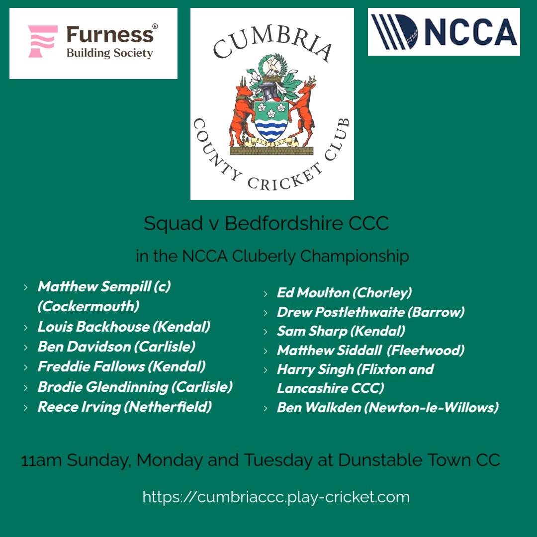 CUMBRIA CCC (@cumberlandccc1) on Twitter photo We start our NCCA Championship campaign this Sunday when we face <a href="/BedfordshireCCC/">Bedfordshire CCC</a> at <a href="/dunstabletowncc/">Dunstable Town Cricket Club</a>.
More info ๐
cumbriaccc.play-cricket.com/news_details?aโฆ We start our NCCA Championship campaign this Sunday when we face <a href="/BedfordshireCCC/">Bedfordshire CCC</a> at <a href="/dunstabletowncc/">Dunstable Town Cricket Club</a>.
More info ๐
cumbriaccc.play-cricket.com/news_details?aโฆ