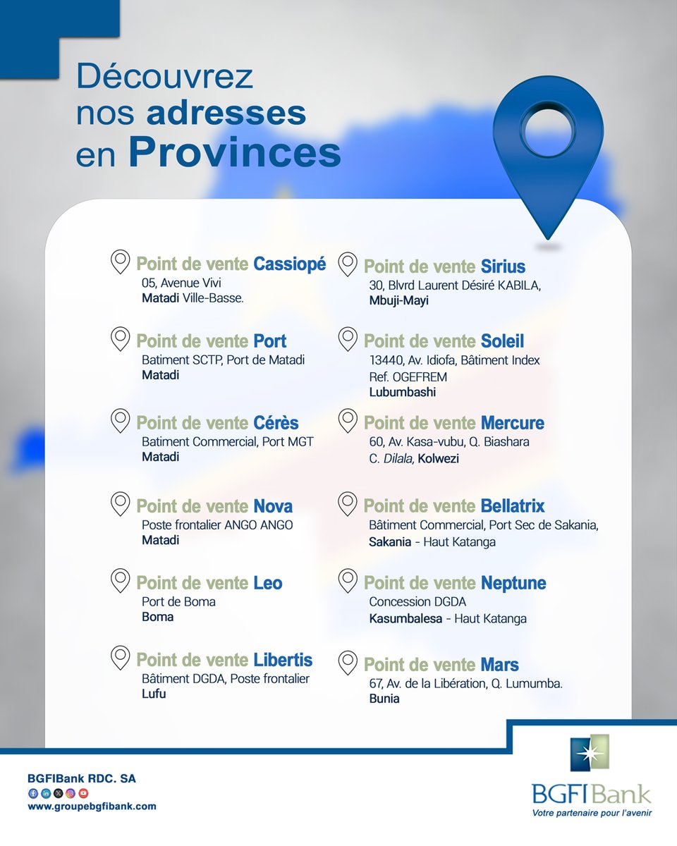 📍 Où que vous soyez, nous sommes proches de vous.
Découvrez tous nos points de vente à Kinshasa et en province.
Une équipe disponible et professionnelle vous y attend !

Plus d'infos au 4545

#BGFIBankRDC #BanqueDeProximité #PartenairePourLAvenir