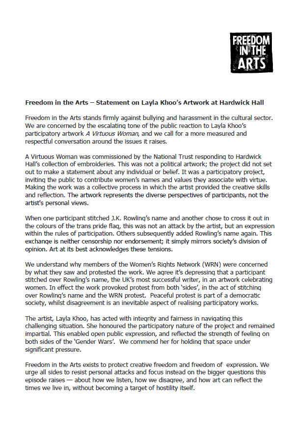 Freedom_in_Arts's tweet image. Statement on Layla Khoo's Artwork at Hardwick Hall