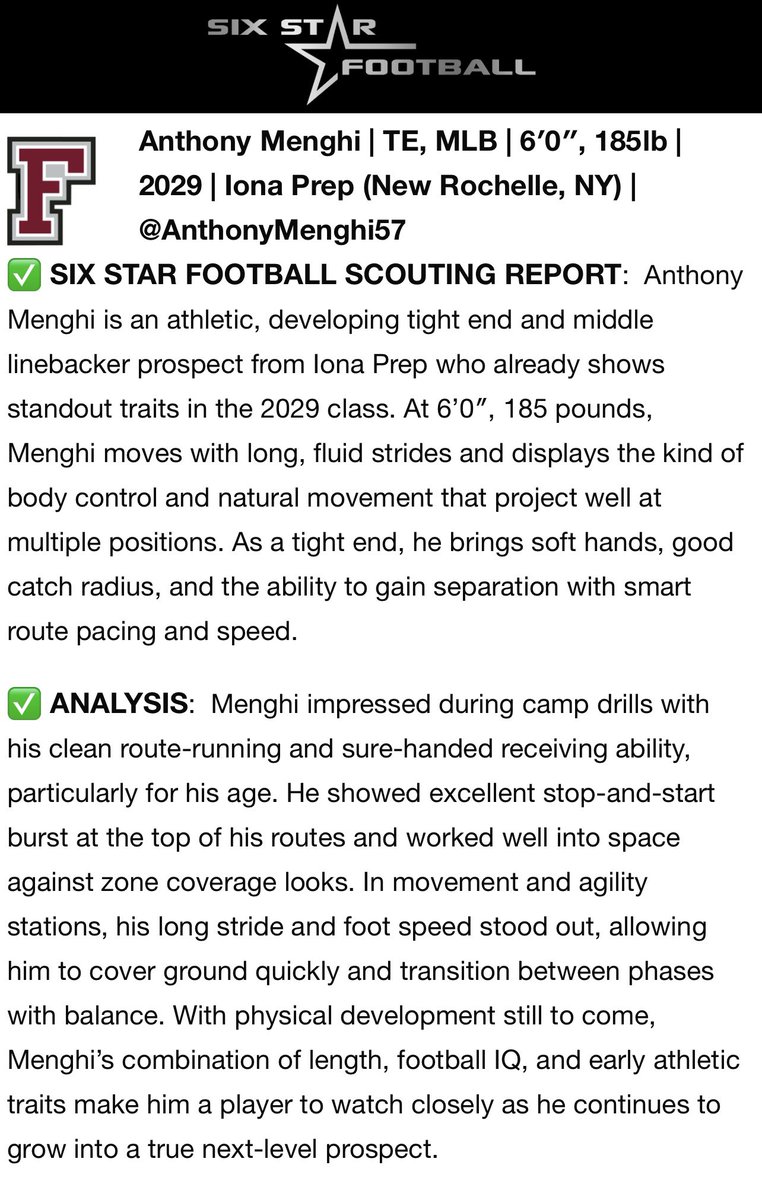 Anthony Menghi (@anthonymenghi57) on Twitter photo Thank you <a href="/sixstarfootball/">Six Star Football | PLUS+</a> for the write up from the <a href="/FORDHAMFOOTBALL/">Fordham Football</a> camp. It was great working with <a href="/Coach_DiRi/">Andrew DiRienzo</a> A lot more work to do as I prepare for my journey at <a href="/ionafootball/">Iona Prep Football</a> <a href="/Joespags12/">Coach Joe Spagnolo</a>
<a href="/Coach_Conlin/">Joe Conlin</a> <a href="/ArtAsselta/">Artie Asselta</a> <a href="/CoachDiG/">Vincent T. DiGaetano</a> <a href="/CoachLenahan/">James Lenahan</a> <a href="/AthWestchester/">Athletics Westchester</a> Thank you <a href="/sixstarfootball/">Six Star Football | PLUS+</a> for the write up from the <a href="/FORDHAMFOOTBALL/">Fordham Football</a> camp. It was great working with <a href="/Coach_DiRi/">Andrew DiRienzo</a> A lot more work to do as I prepare for my journey at <a href="/ionafootball/">Iona Prep Football</a> <a href="/Joespags12/">Coach Joe Spagnolo</a>
<a href="/Coach_Conlin/">Joe Conlin</a> <a href="/ArtAsselta/">Artie Asselta</a> <a href="/CoachDiG/">Vincent T. DiGaetano</a> <a href="/CoachLenahan/">James Lenahan</a> <a href="/AthWestchester/">Athletics Westchester</a>
