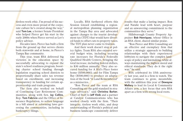 Ron Pierce (@ronwpierce) on Twitter photo Thank you <a href="/Fla_Pol/">Florida Politics</a> for naming <a href="/RSAConsulting/">RSA Consulting</a> Boutique Lobbying Firm of the Year in your summer edition of INFLUENCE Magazine! Thank you <a href="/Fla_Pol/">Florida Politics</a> for naming <a href="/RSAConsulting/">RSA Consulting</a> Boutique Lobbying Firm of the Year in your summer edition of INFLUENCE Magazine! 