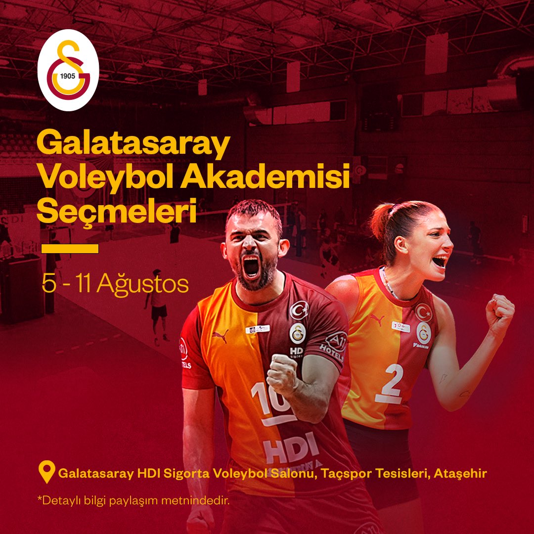 🏐 Galatasaray Voleybol Akademisi seçmeleri 5-11 Ağustos tarihlerinde Taçspor Kulübü’nde yapılacaktır. 

Kayıt formu ve detaylı bilgi için 👉 galatasaray.org/haber/voleybol…