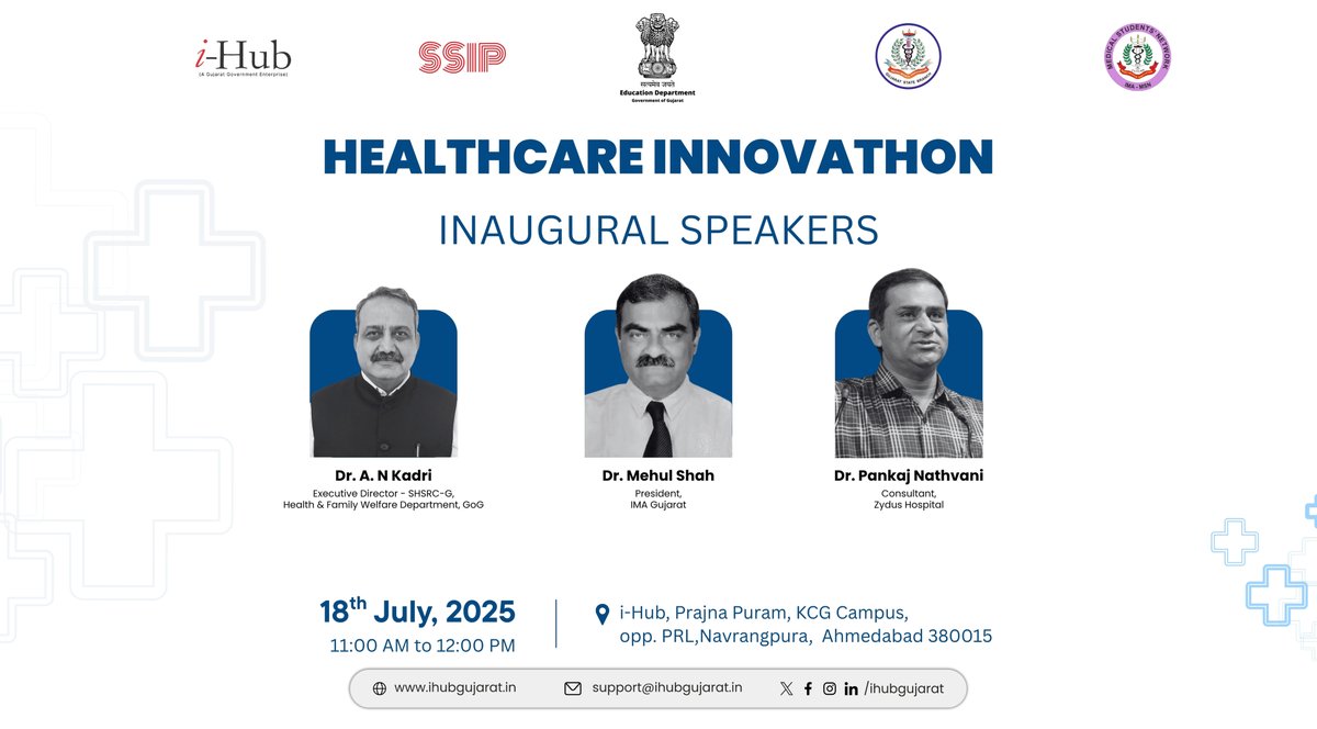 iHub (@ihubgujarat) on Twitter photo The "Healthcare Innovathon," a two-day event organized by i-Hub Gujarat in partnership with the <a href="/IMAIndiaOrg/">Indian Medical Association</a> – Gujarat State Branch, will commence on 18th July 2025 with an Inaugural Session & a Round Table Discussion. The "Healthcare Innovathon," a two-day event organized by i-Hub Gujarat in partnership with the <a href="/IMAIndiaOrg/">Indian Medical Association</a> – Gujarat State Branch, will commence on 18th July 2025 with an Inaugural Session & a Round Table Discussion.