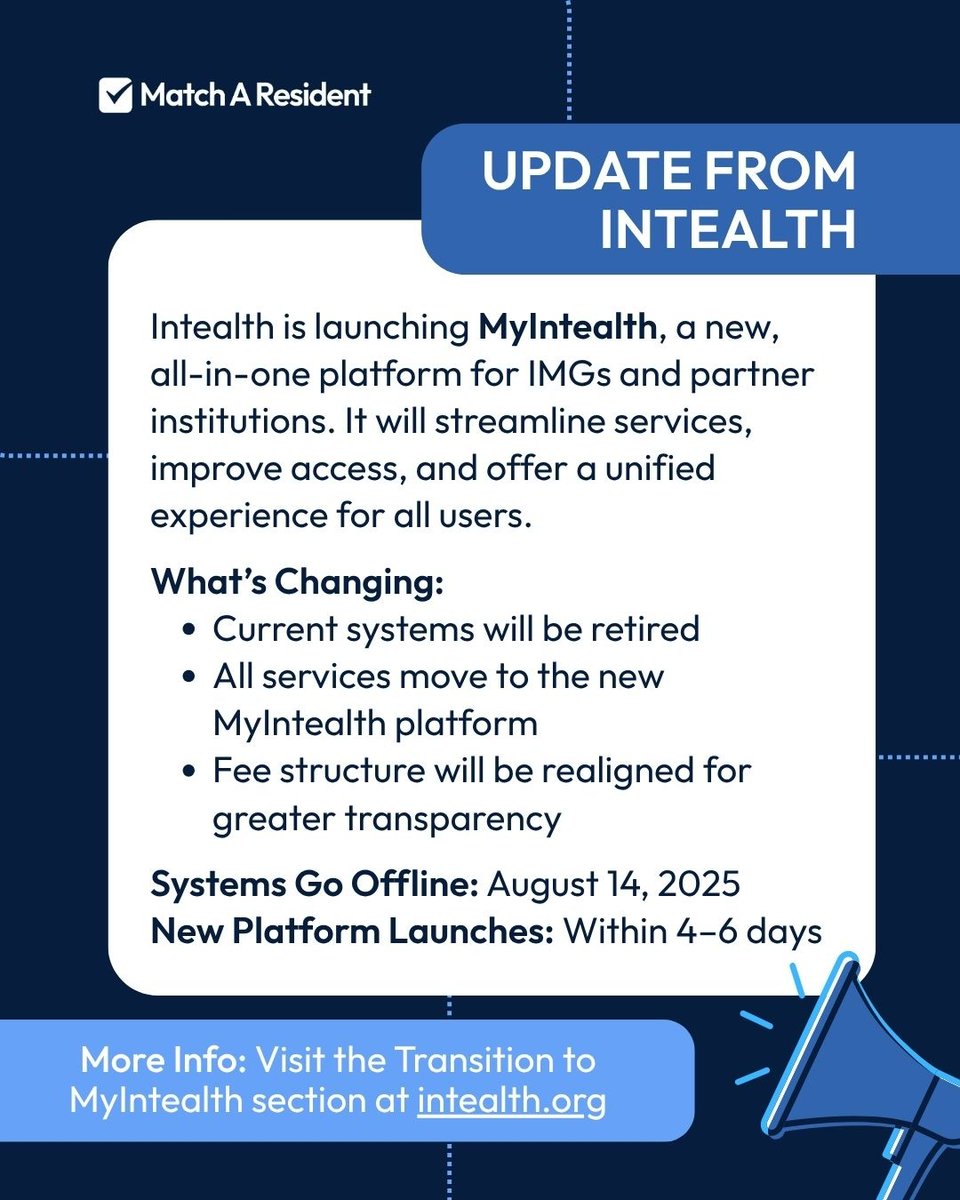 FYI IMGs: Intealth is launching MyIntealth this August. Old systems retire Aug 14. New platform goes live 4–6 days later. Vist intealth.org for more details. 
.
#IMGMatch #MatchAResident #MedTwitter #Intealth #ECFMG