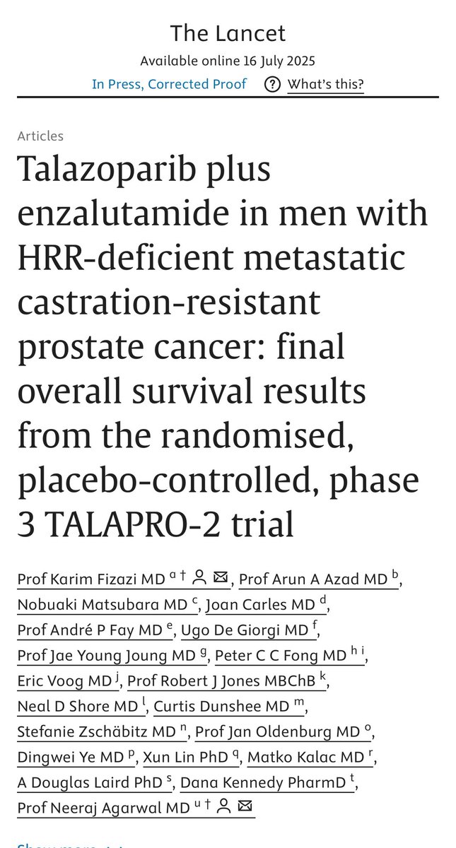 Yüksel Ürün (@dryukselurun) on Twitter photo Consistent & practice-changing!
Talazoparib + Enzalutamide improves OS in HRR-deficient mCRPC.
OS: 45.1 vs 31.1 months (HR 0.62).
BRCA1/2+: 4-year OS 53% vs 23%.
A new SoC is here.
@asco @oncoalert #prostatecancer #oncology
<a href="/neerajaiims/">Neeraj Agarwal, MD, FASCO</a> <a href="/CParkMD/">𝐂𝐡𝐚𝐧𝐝𝐥𝐞𝐫 𝐏𝐚𝐫𝐤 𝐌𝐃 𝐅𝐀𝐂𝐏</a> <a href="/TheLancet/">The Lancet</a> <a href="/APCCC_Lugano/">Advanced Prostate Cancer Consensus Conference</a> <a href="/Larvol/">LARVOL</a> Consistent & practice-changing!
Talazoparib + Enzalutamide improves OS in HRR-deficient mCRPC.
OS: 45.1 vs 31.1 months (HR 0.62).
BRCA1/2+: 4-year OS 53% vs 23%.
A new SoC is here.
@asco @oncoalert #prostatecancer #oncology
<a href="/neerajaiims/">Neeraj Agarwal, MD, FASCO</a> <a href="/CParkMD/">𝐂𝐡𝐚𝐧𝐝𝐥𝐞𝐫 𝐏𝐚𝐫𝐤 𝐌𝐃 𝐅𝐀𝐂𝐏</a> <a href="/TheLancet/">The Lancet</a> <a href="/APCCC_Lugano/">Advanced Prostate Cancer Consensus Conference</a> <a href="/Larvol/">LARVOL</a>