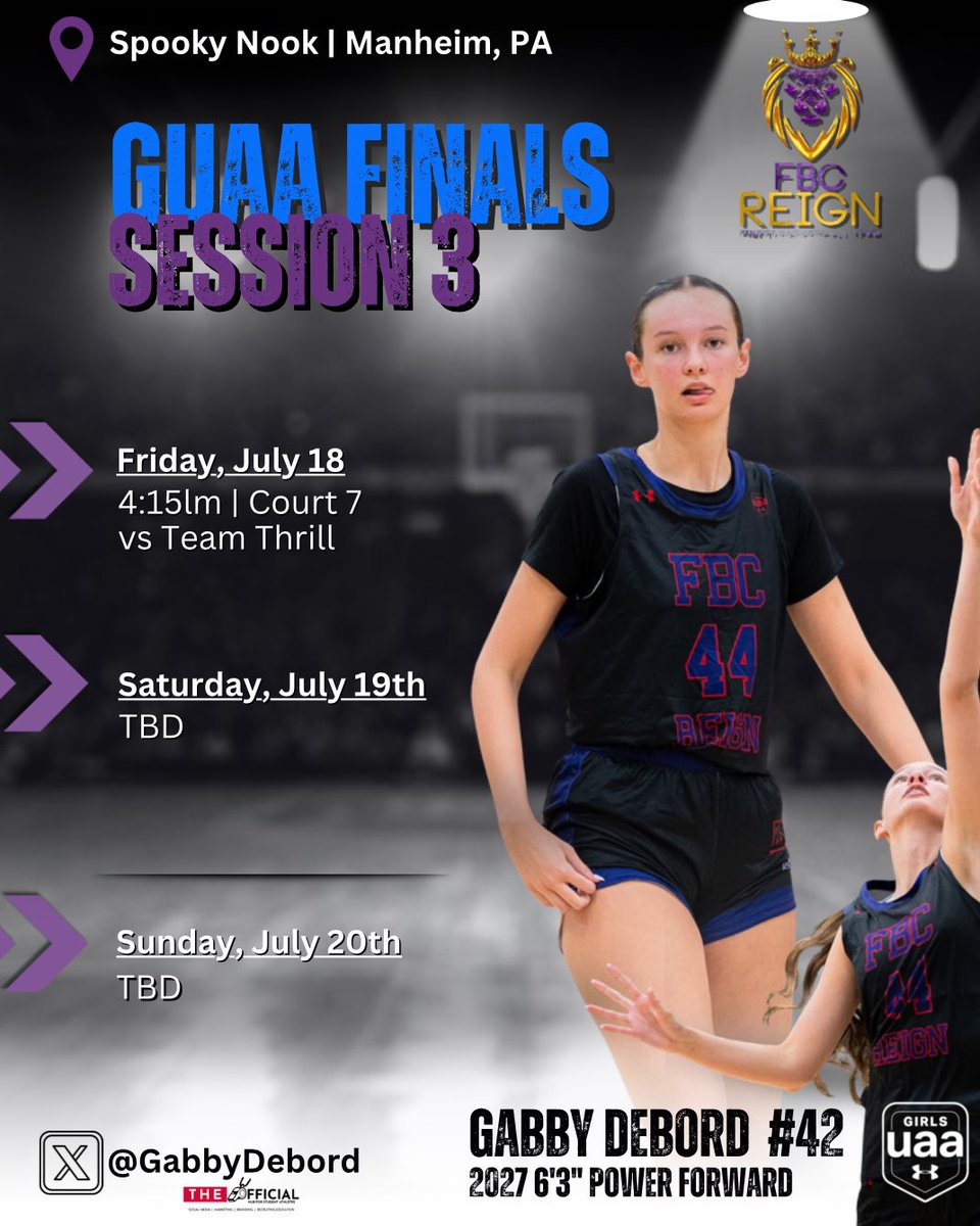 Gabby DeBord (@gabbydebord) on Twitter photo Can’t wait to be back on the court one last time this summer with my <a href="/2027Fbcreign/">FBC Reign 2027 GUAA</a> team for the <a href="/UANextGHoops/">Girls UAA</a> Finals <a href="/NookBasketball/">SpookyNookBasketball</a> in Manheim PA!!
Let’s Go!! 🔥🔥
<a href="/rfvann24/">Rachel Vann</a>
<a href="/CoachVann35/">Justin Vann</a>
<a href="/PCA_WBB/">PCA_WBB</a>
<a href="/theofficial_hub/">The Official Hub</a> Can’t wait to be back on the court one last time this summer with my <a href="/2027Fbcreign/">FBC Reign 2027 GUAA</a> team for the <a href="/UANextGHoops/">Girls UAA</a> Finals <a href="/NookBasketball/">SpookyNookBasketball</a> in Manheim PA!!
Let’s Go!! 🔥🔥
<a href="/rfvann24/">Rachel Vann</a>
<a href="/CoachVann35/">Justin Vann</a>
<a href="/PCA_WBB/">PCA_WBB</a>
<a href="/theofficial_hub/">The Official Hub</a>
