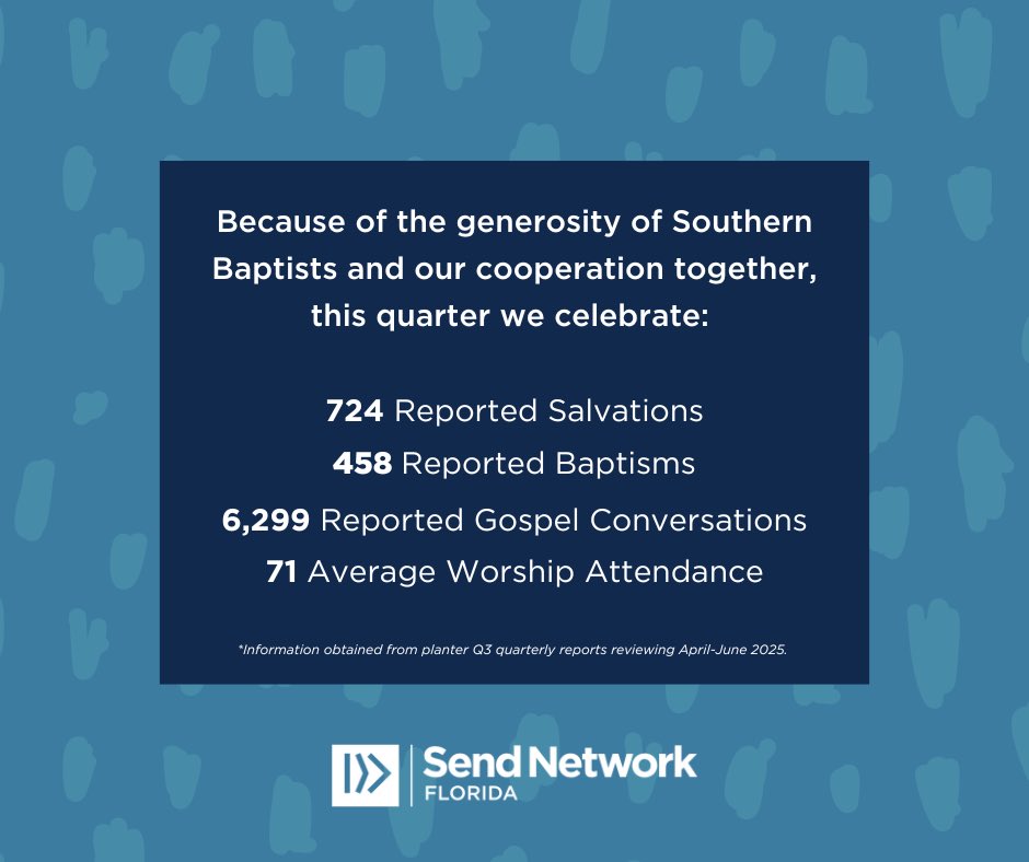 James Peoples (@jamesmpeoples) on Twitter photo Praising Lord for all He is doing! 724 salvations & 459 baptisms reported in <a href="/SendNetworkFL/">Send Network Florida</a> church plants April-June 2025. Since January that’s 1147 salvations & 762 baptisms. God is doing a great work! Your prayers & support are making a difference! <a href="/FloridaBaptists/">Florida Baptists</a> @SendNetwork Praising Lord for all He is doing! 724 salvations & 459 baptisms reported in <a href="/SendNetworkFL/">Send Network Florida</a> church plants April-June 2025. Since January that’s 1147 salvations & 762 baptisms. God is doing a great work! Your prayers & support are making a difference! <a href="/FloridaBaptists/">Florida Baptists</a> @SendNetwork