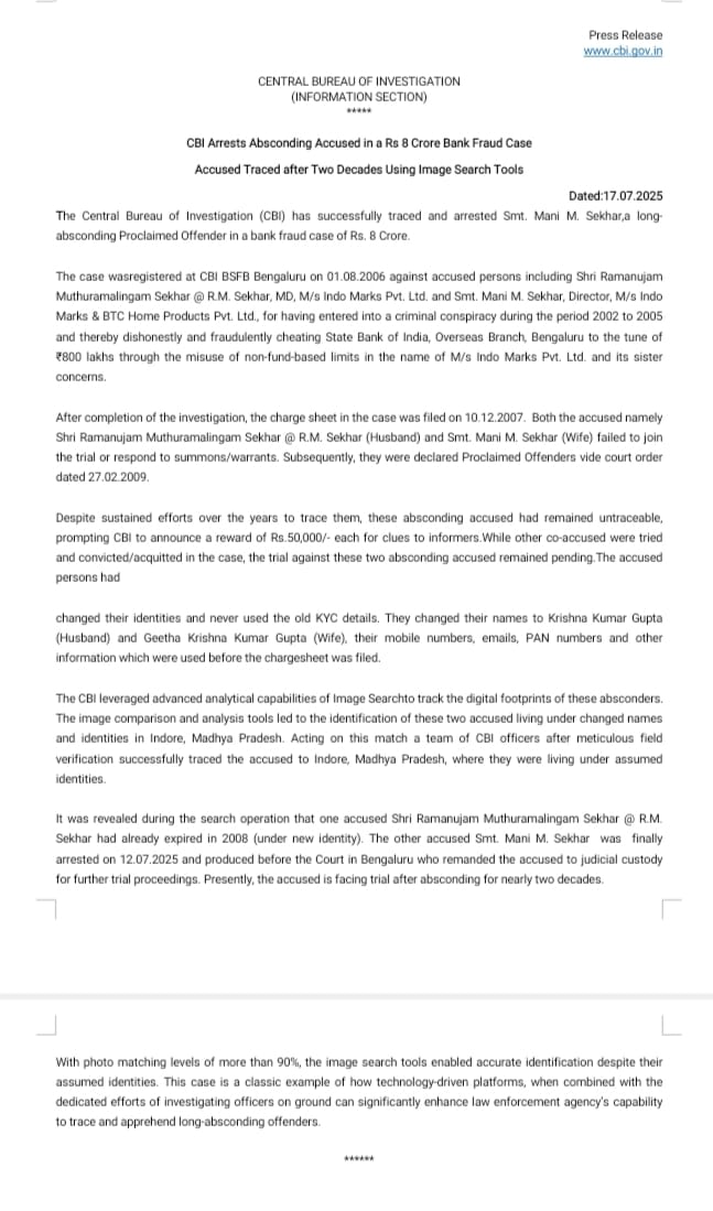 CBI Arrests Absconding Accused in a Rs 8 Crore Bank Fraud Case
Accused Traced after Two Decades Using Image Search Tools