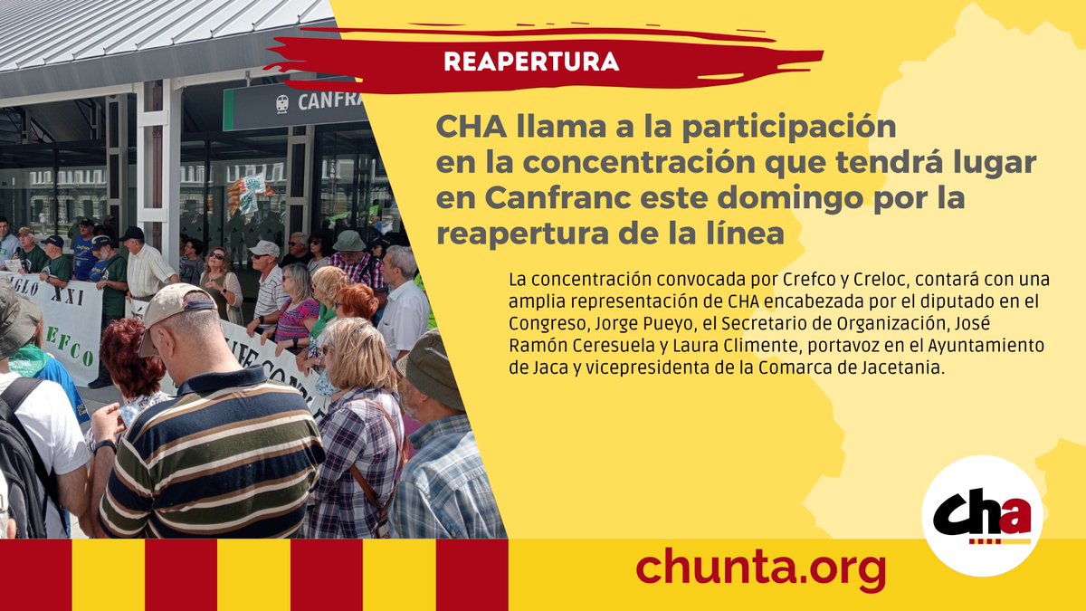 Chunta Aragonesista (@chunta) on Twitter photo 🚈 CHA llama a la participación en la concentración que tendrá lugar en Canfranc este domingo por la reapertura
Convocada por Crefco y Creloc, contará con representación de CHA encabezada por <a href="/jorge_pueyo95/">Jorge Pueyo</a>, <a href="/Jramonceresuela/">José Ramón Ceresuela</a> y Laura Climente
🔗 chunta.org/cha-llama-a-la… 🚈 CHA llama a la participación en la concentración que tendrá lugar en Canfranc este domingo por la reapertura
Convocada por Crefco y Creloc, contará con representación de CHA encabezada por <a href="/jorge_pueyo95/">Jorge Pueyo</a>, <a href="/Jramonceresuela/">José Ramón Ceresuela</a> y Laura Climente
🔗 chunta.org/cha-llama-a-la…