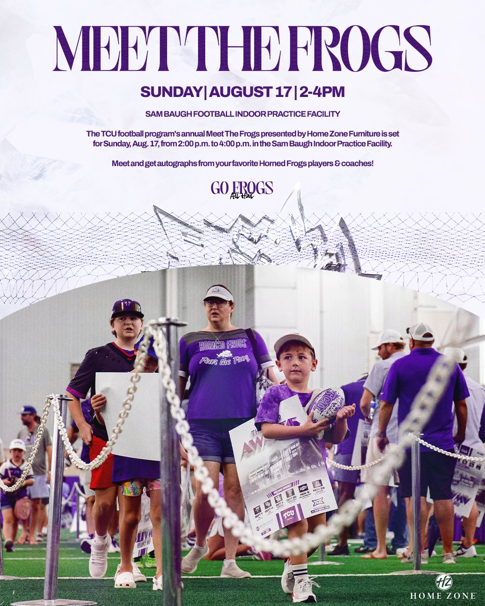 TCUFootball's tweet image. ๐ We're one month out from Meet The Frogs!
๐ Sam Baugh Indoor Practice Facility
๐๏ธ Sunday | August 17
๐ท 2:00pm - 4:00pm
#GoFrogs | #AllHail