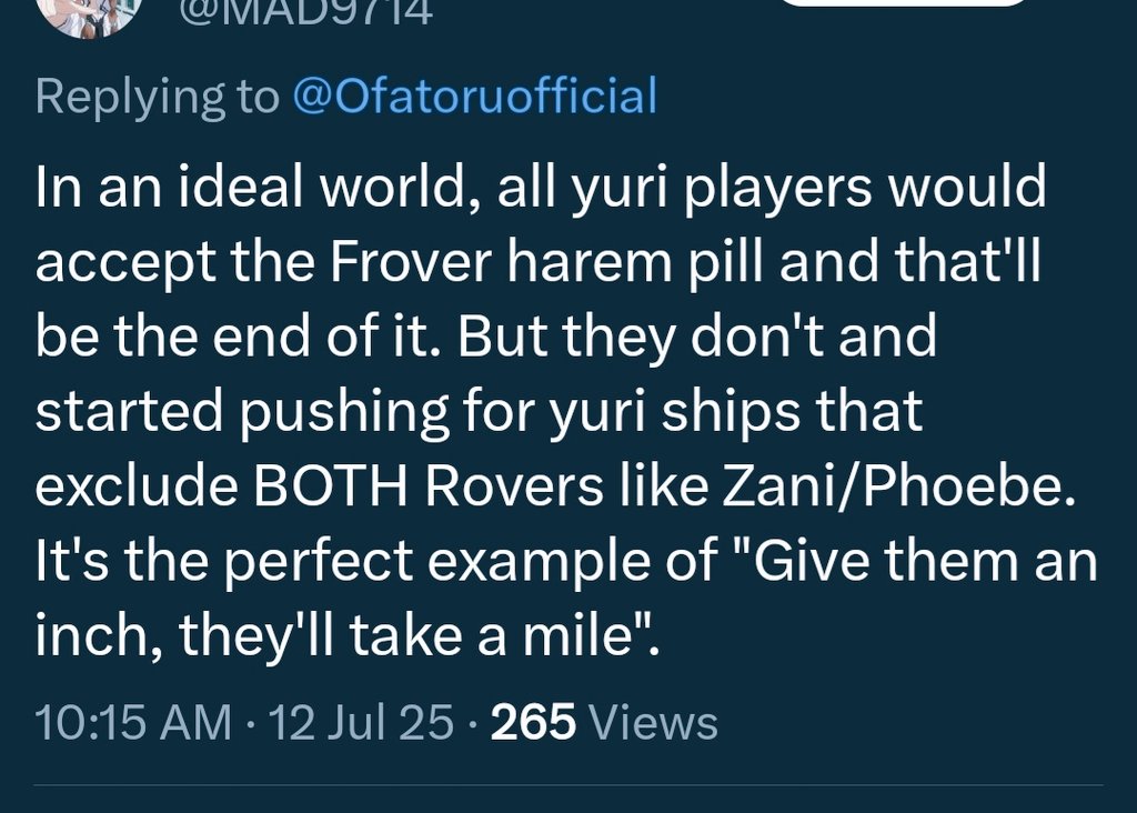 Me and Daily Augusta both are females.

I like some Rover ships, not harem. Also, I like Brant x Cantatella, Xiangli x Zhezhi, and some other mlw cracks. And trust me, your so-called "incels" won't come for me, unlike wlw shippers.

Why? Bcoz Karma is a boomerang 😌
.
