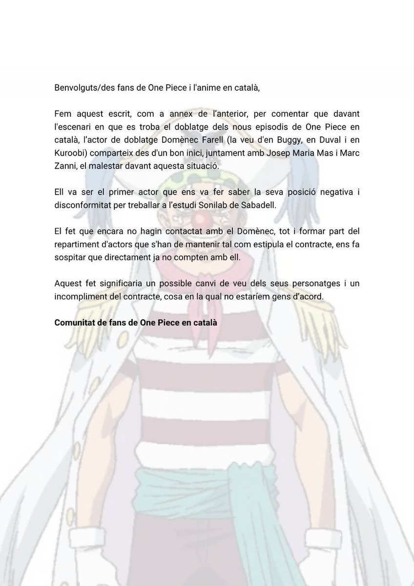 MiguelStarm's tweet image. Tot el nostre suport a Domènec Farell, un altre dels actors afectats per la situació del doblatge dels nous episodis de One Piece en català.
@som3cat @LaiaSz
#OnePieceCatalà