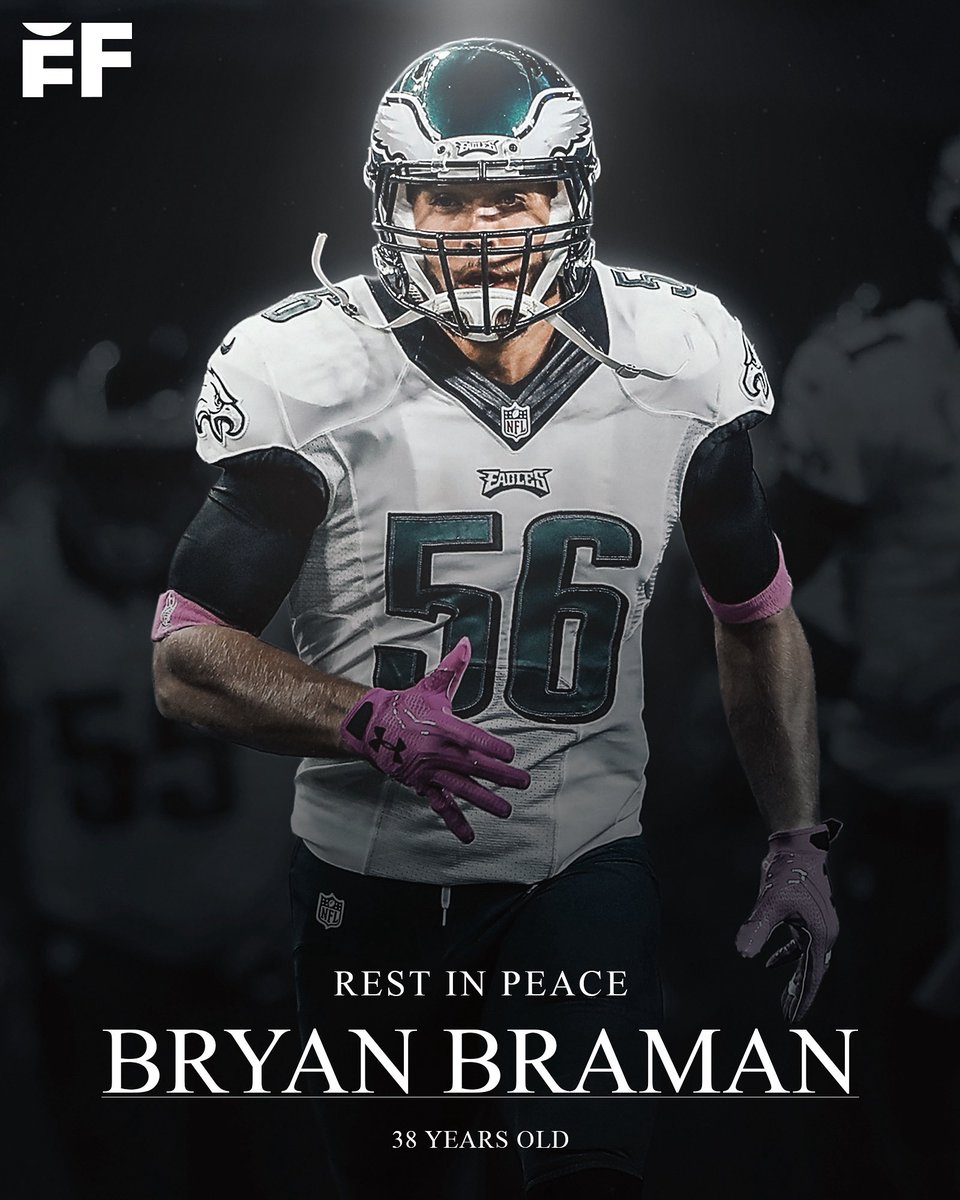 Football Forever (@fballforeverhq) on Twitter photo Eagles Super Bowl champion LB Bryan Braman passed away at the age of 38 after battling a rare, aggressive form of cancer. 
Braman underwent multiple surgeries after being diagnosed with cancer in February.
May he rest in peace. Eagles Super Bowl champion LB Bryan Braman passed away at the age of 38 after battling a rare, aggressive form of cancer. 
Braman underwent multiple surgeries after being diagnosed with cancer in February.
May he rest in peace.