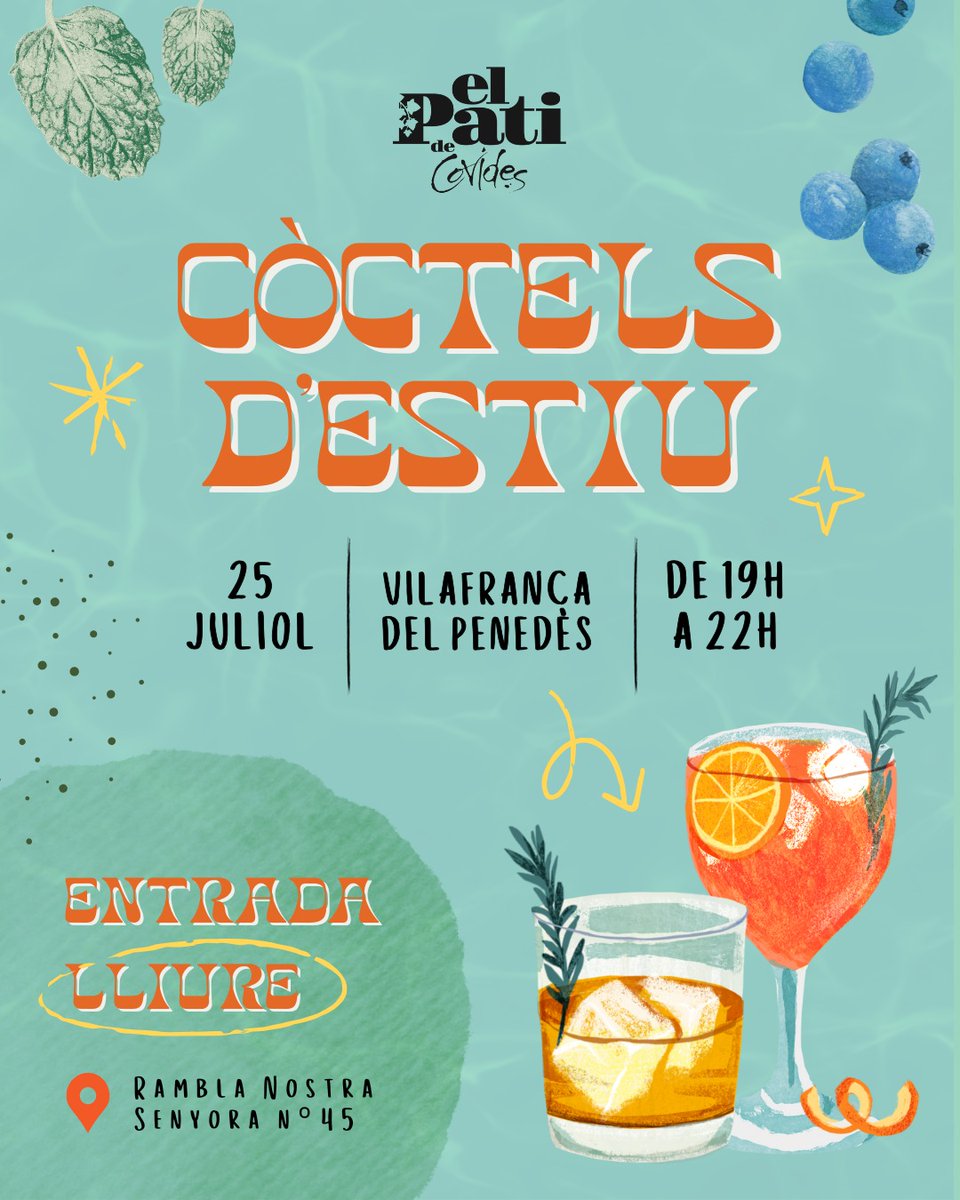 Ja tenim cartell oficial per l'esdeveniment del divendres vinent! 🍹 Us esperem a partir de les 19 h perquè vingueu a degustar els còctels exclusius que hem preparat per a vosaltres, en un entorn únic al centre de Vilafranca ✨