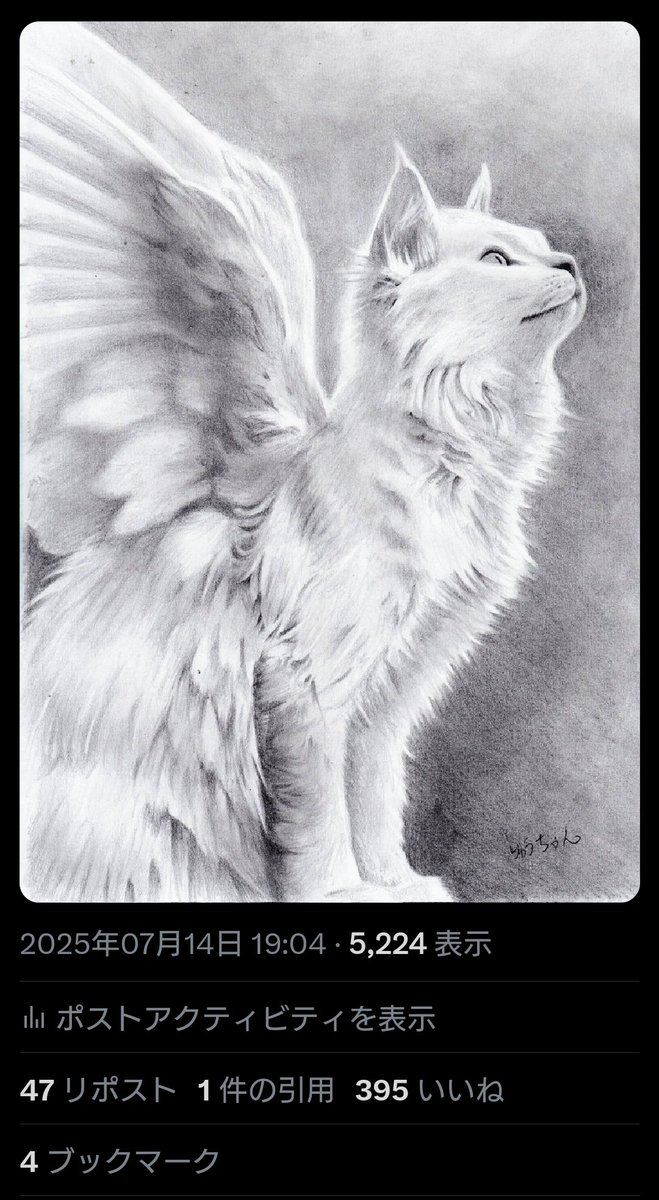 この前描いた猫天使ちゃん(仮)
InstagramとX(Twitter)の比較💡
インスタの方がいいね数70ほど多く、コメントが70ほどありました✨
↑
コメントのほとんどが日本語ではないwww
実は途中絵はXにしか投稿してない💡
でも完成した絵はInstagramの方が1週間ぐらい先に投稿してますwww