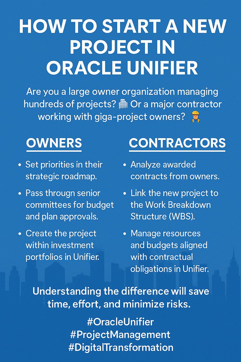 تعالى أقولك إزاي تبدأ إجراء مشروع جديد على Oracle Unifier
بس خد بالك:
هل أنت جهة مالكة عندها عشرات أو مئات المشاريع (زي الأمانات أو الشركات القابضة)؟ 🏢
أم أنك مقاول كبير بيشتغل مع الجهات المالكة العملاقة (زي نيوم، البحر الأحمر)؟ 👷‍♂️
👈 الطريقة مش واحدة!
إجراء الموافقة على مشروع
