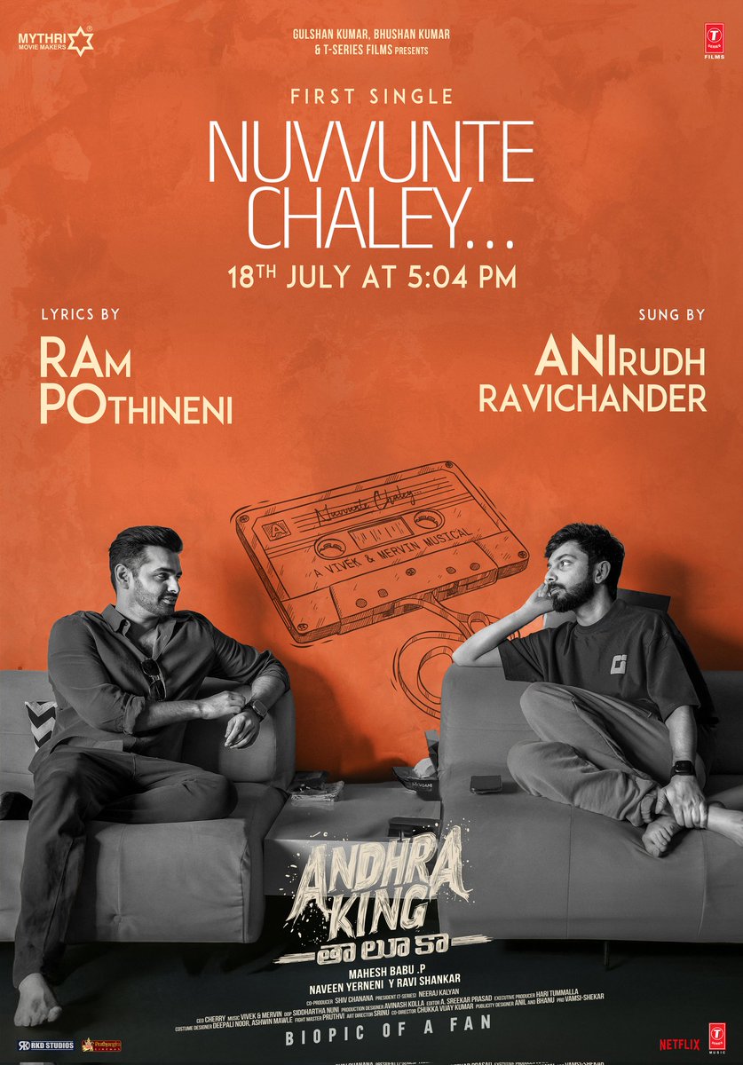 Muppavarapu Srinivasa rao (@msrinu1964) on Twitter photo When <a href="/ramsayz/">RAm POthineni</a>'s heartfelt words meet <a href="/anirudhofficial/">Anirudh Ravichander</a>'s soulful voice, magic is bound to happen ❤️
<a href="/iamviveksiva/">Vivek Siva</a> & @mervinjsolomon's debut song in Telugu will rule your playlists🎼
#AndhraKingTaluka First Single #NuvvunteChaley out Tomorrow at 5:04PM ✨️
#AKTFirstSingle #RAPO When <a href="/ramsayz/">RAm POthineni</a>'s heartfelt words meet <a href="/anirudhofficial/">Anirudh Ravichander</a>'s soulful voice, magic is bound to happen ❤️
<a href="/iamviveksiva/">Vivek Siva</a> & @mervinjsolomon's debut song in Telugu will rule your playlists🎼
#AndhraKingTaluka First Single #NuvvunteChaley out Tomorrow at 5:04PM ✨️
#AKTFirstSingle #RAPO