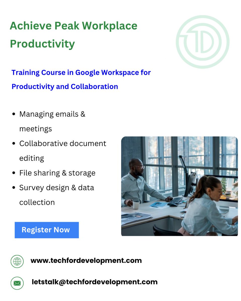 TechForDevelop1's tweet image. Achieve peak productivity with Google Workspace.
Streamline teamwork, stay organized, and get more tasks done.
Register for Google Workspace Training -> tinyurl.com/5n79ucez
#ProductivityTips #hapanihome Maraga #Collaboration #ProductivityBoost