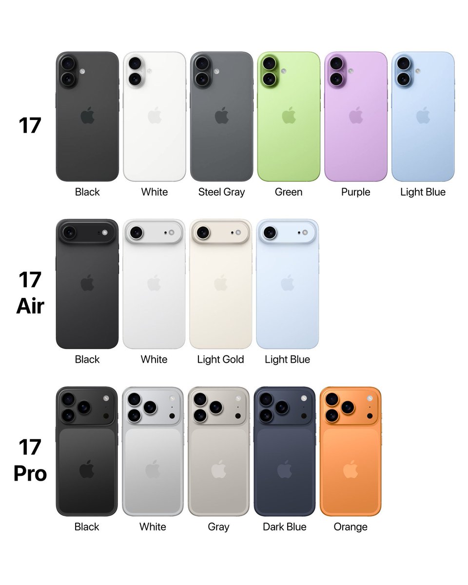 iTechApple__'s tweet photo. iPhone 17 lineup colors revealed! 🚨

These will reportedly be all the new color options available for the iPhone 17, iPhone 17 Air, iPhone 17 Pro, and iPhone 17 Pro Max https://t.co/eRxi6NPSh5