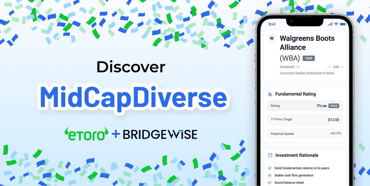 Have you heard the news?

We teamed up with our partner <a href="/eToro/">eToro</a> to create their first-ever US mid-cap smart portfolio! 

The portfolio features 30 US-listed stocks with market capitalizations of up to $50 billion. The stocks were selected using BridgeWise’s proprietary AI model,
