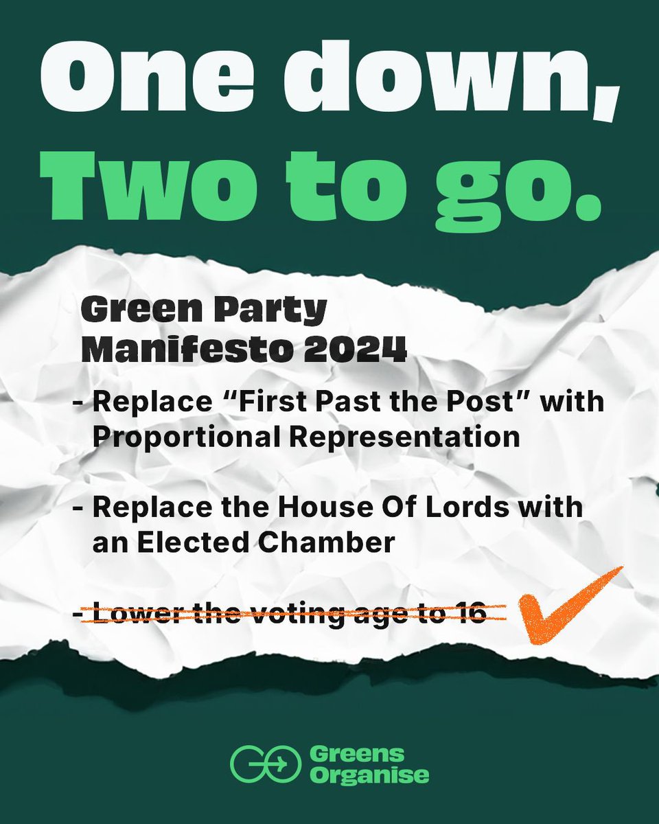 GreensOrganise's tweet image. As usual, Labour are tinkering at the edges.
While giving 16 year olds the vote is a positive step in the right direction, it doesn’t go nearly far enough.
The whole system needs upending and we should start with abolishing the Lords and instituting PR.