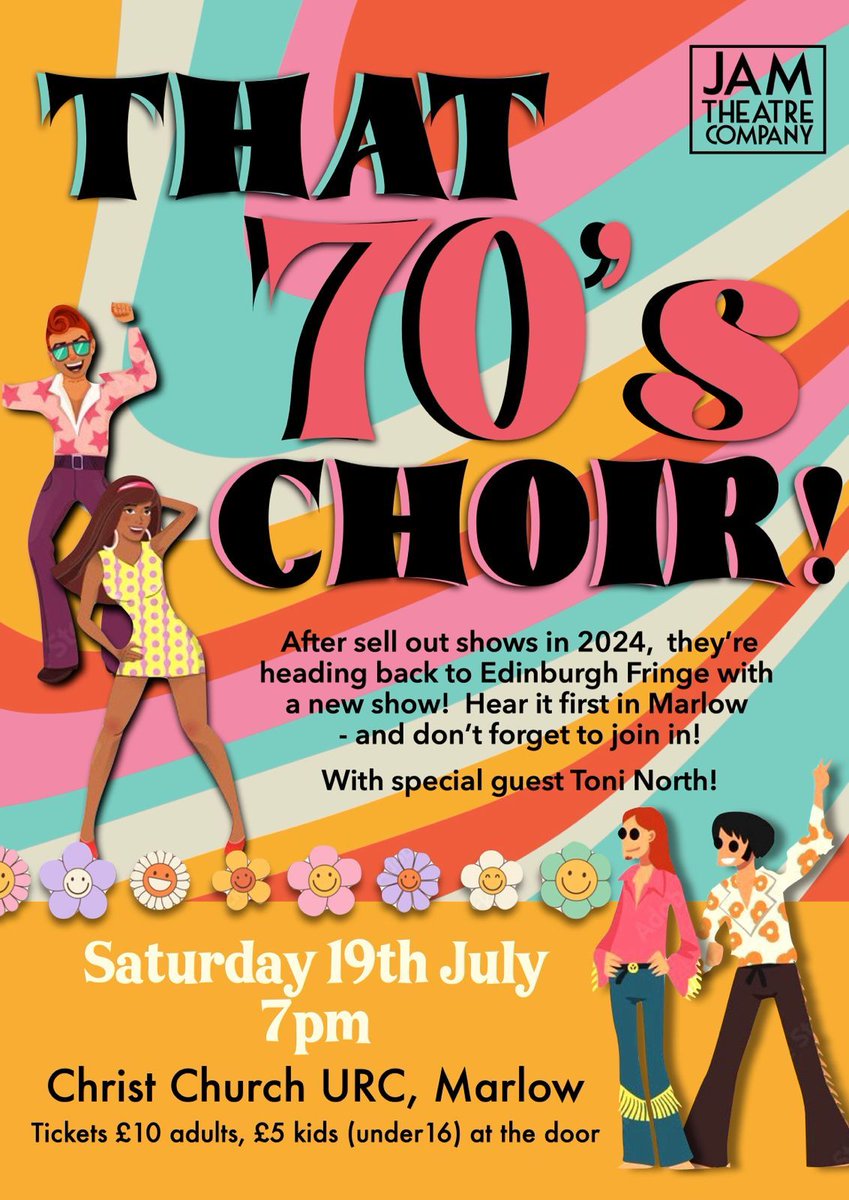This Saturday 19th July - come along to enjoy Jam Theatres' new set of 70s hits before they perform at Edinburgh Fringe again this year.

Audience involvement if you fancy, it will be great fun!!

With local performer Toni North as support act.

Tickets at the door, £10, £5 for